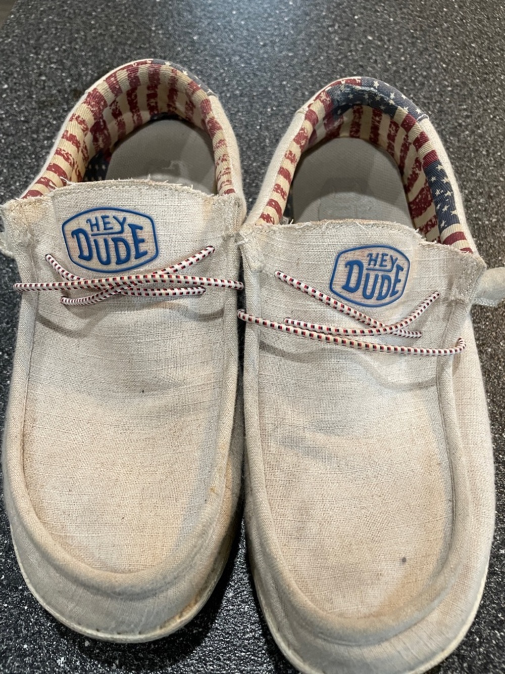 Hey Dude Cream Canvas Slip-Ons with Flag-Patterned Lining